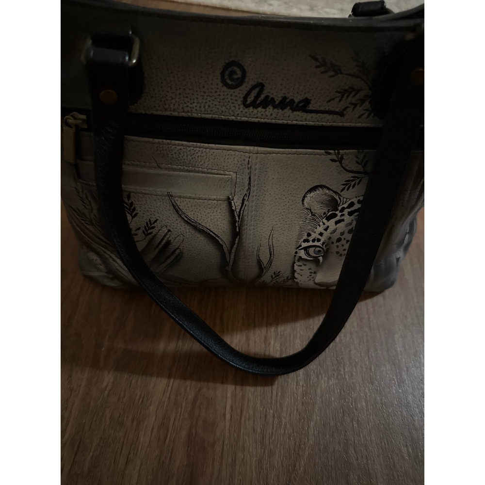Anna Hand Painted Leather Leopard Tote Bag Gray Blue Eyes Shoulder Bag Artisan - Picture 2 of 14